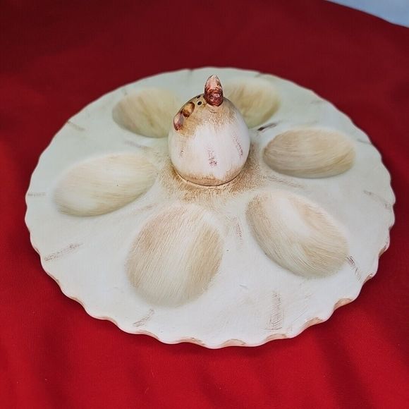 Deviled 6 Egg Tray Serving Easter Platter With Chicken Rooster Beige Round - Picture 3 of 9